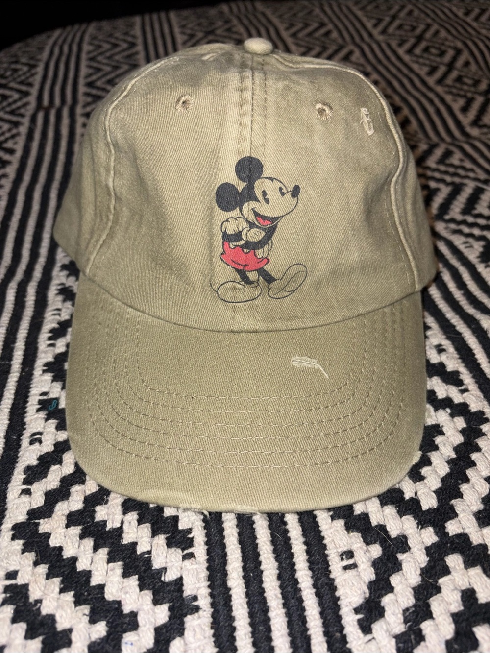 Olive green  distressed Baseball Cap with Classic Mickey Mouse